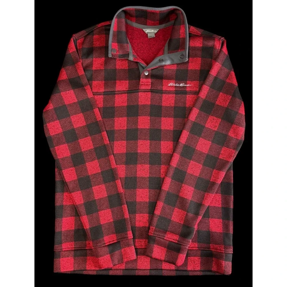 Eddie Bauer Men's Fleece Pullover Red Black Buffalo Check Outdoor Casual Medium